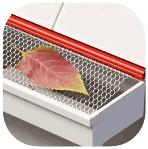 Gutter screen with a leaf resting on the mesh