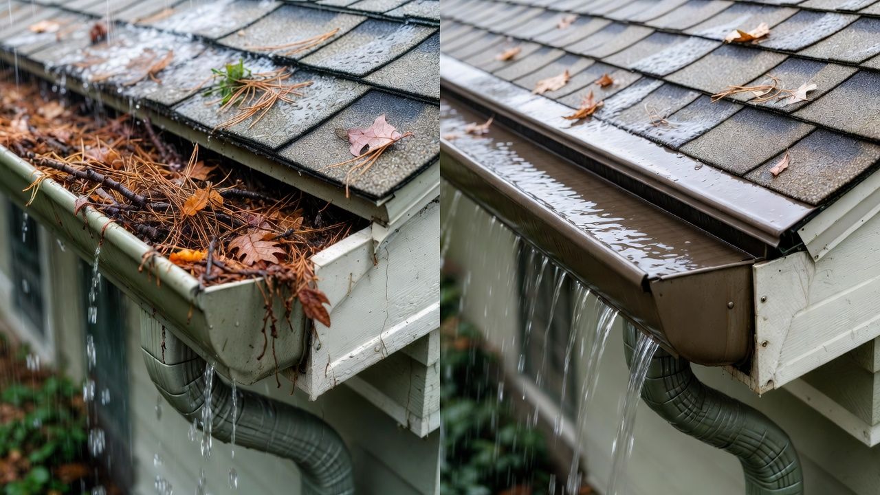 Side-by-side of a clogged open gutter and a gutter protected by a gutter guard