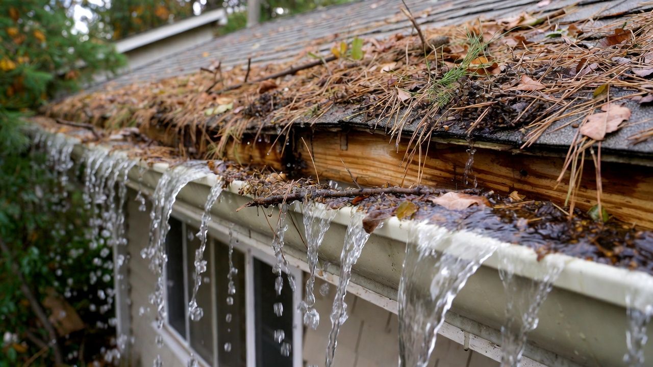 Rainwater pouring over a clogged gutter down the side of a house