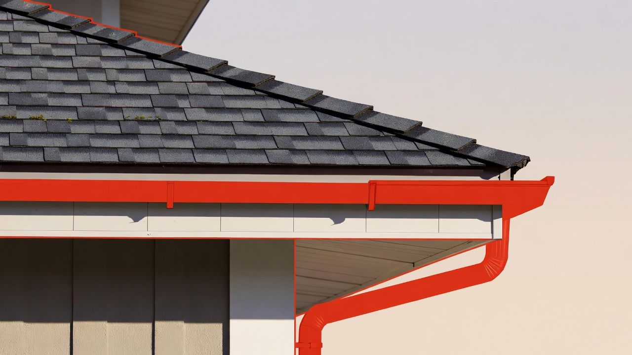 Red seamless gutter and downspout carrying water away from a home