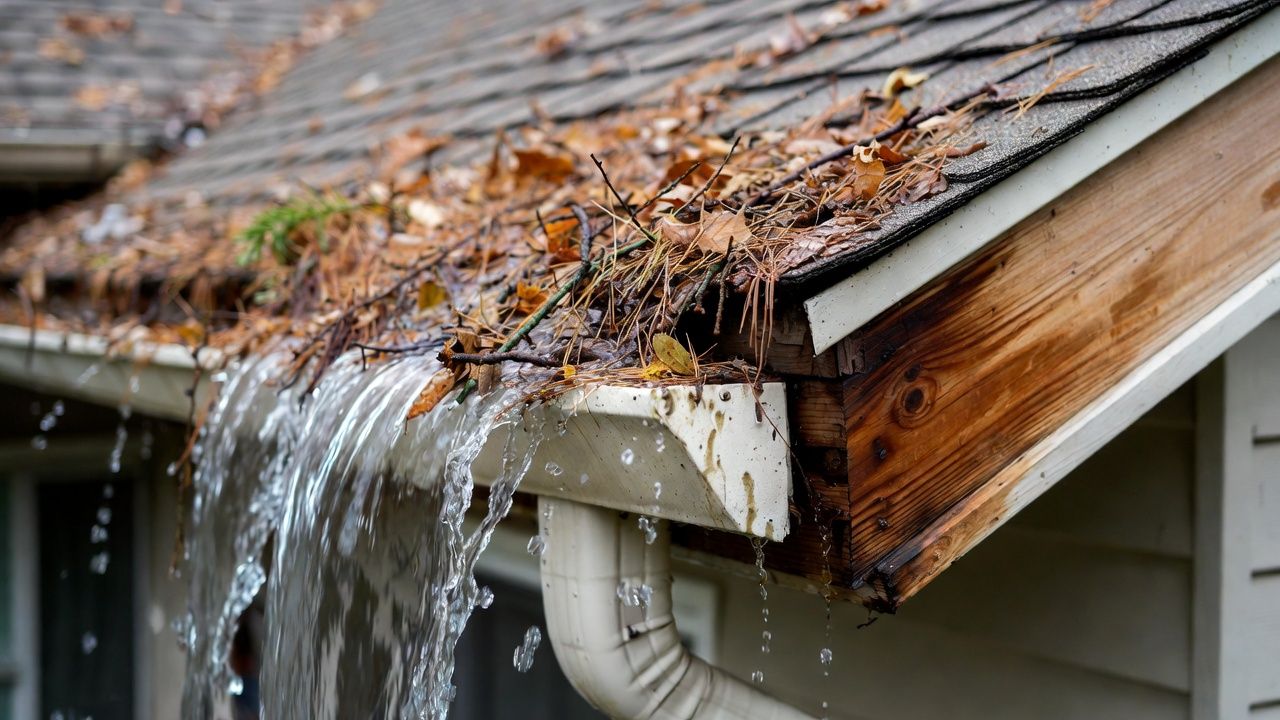 Clogged gutter overflowing onto rotting fascia boards